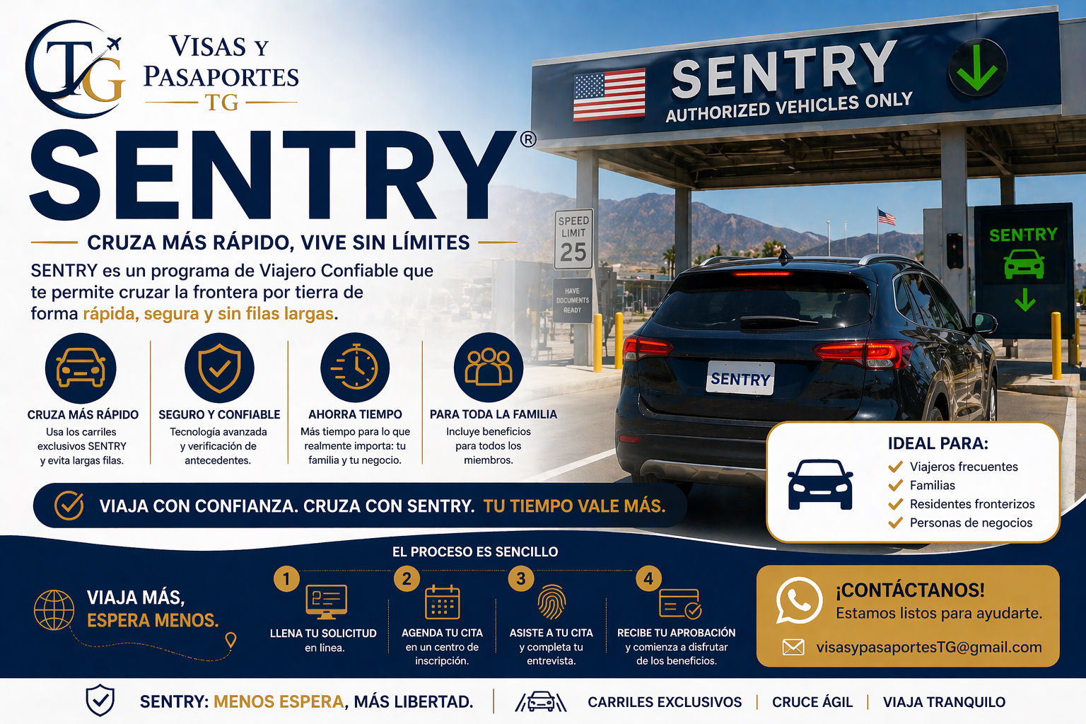 Programa SENTRI para cruce rápido en fronteras terrestres hacia Estados Unidos mediante carriles exclusivos.
Ideal para viajeros frecuentes que buscan reducir tiempos de espera y agilizar su ingreso.