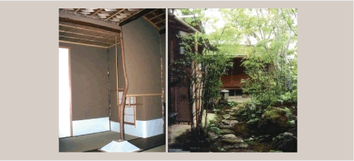 拙宅/点前畳・茶道口・中柱 外腰掛け待合への露地