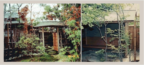 島田邸/総柿葺き屋根の茶室とむくり屋根の中門 外腰掛け待合
