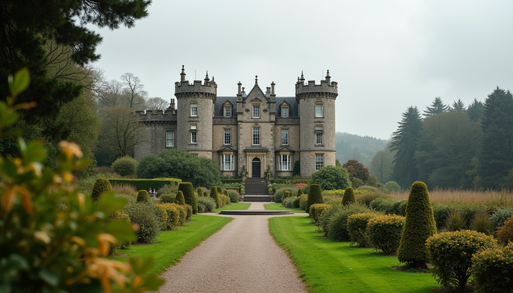 High angle view of Dunrobin Castle with gardens and surrounding landscape