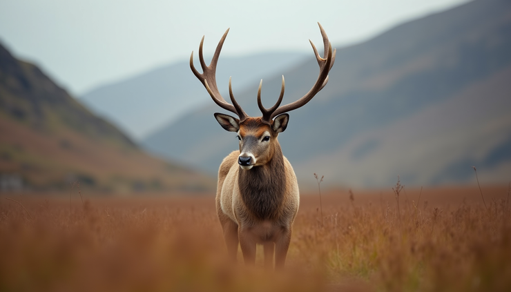 Close-up view of a red deer standing in a Highland field near the NC500 route