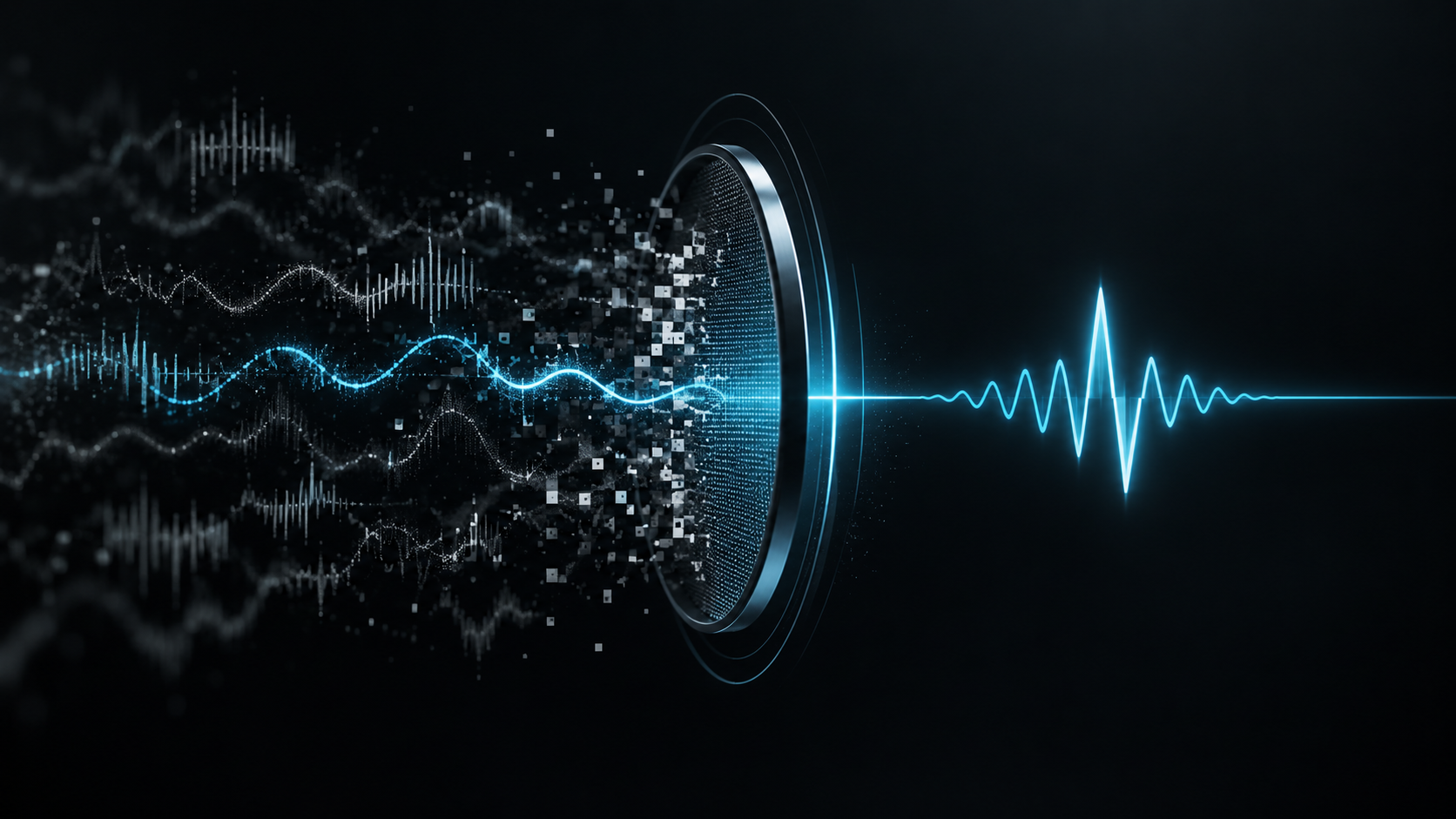 Señal digital clara atravesando un filtro entre múltiples ondas de ruido