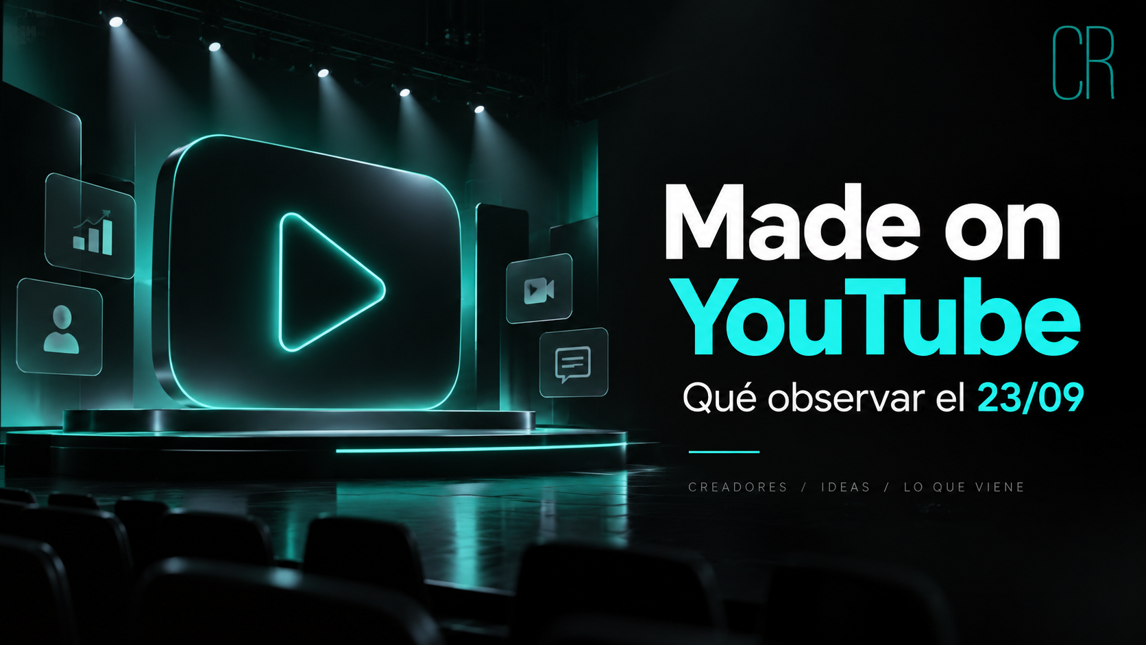 Portada del evento Made on YouTube 2026 con escenario y símbolo de reproducción.
