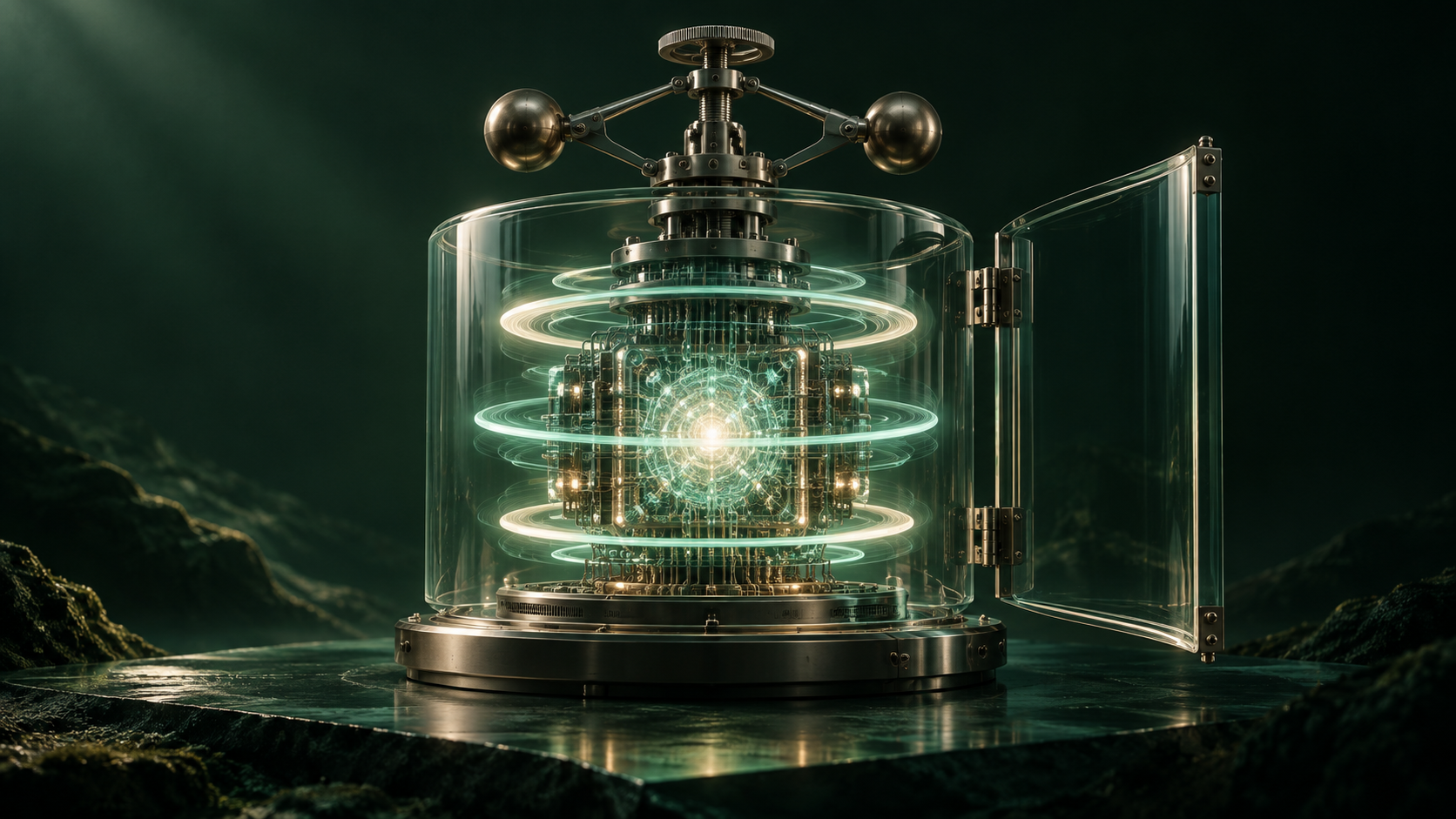 Ilustración conceptual generada con IA de un núcleo tecnológico bajo supervisión, dentro de una estructura de cristal abierta.