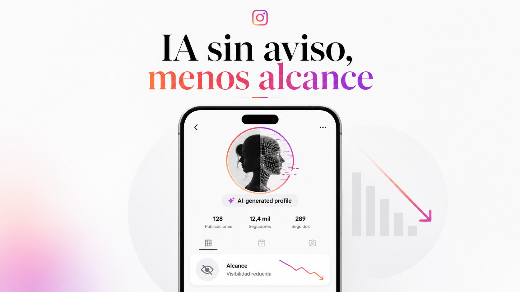Perfil de Instagram generado con inteligencia artificial con una gráfica de alcance a la baja