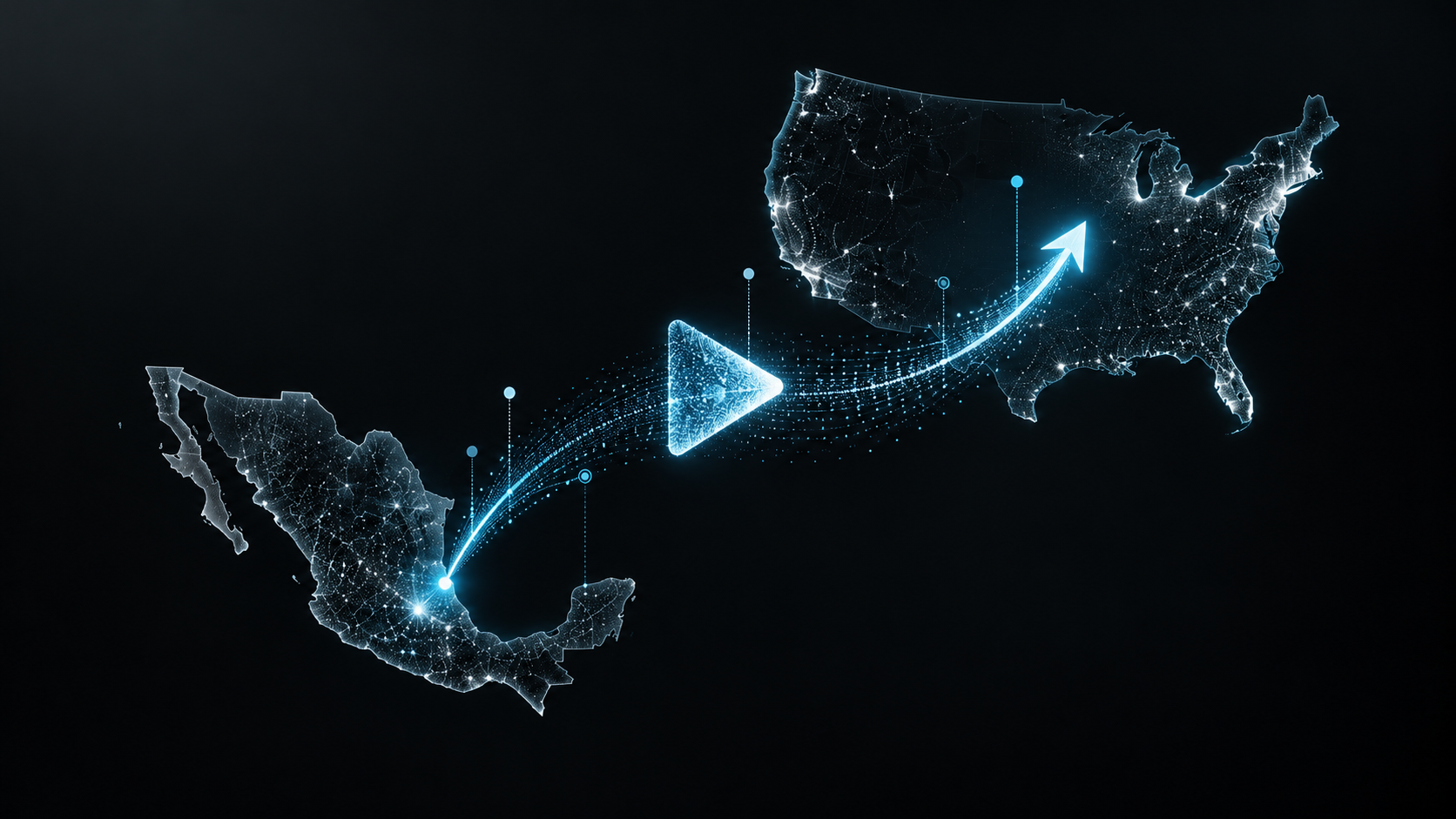 Mapa de México y Estados Unidos conectado por una ruta digital y un símbolo de reproducción, ilustración sobre estrategia de YouTube