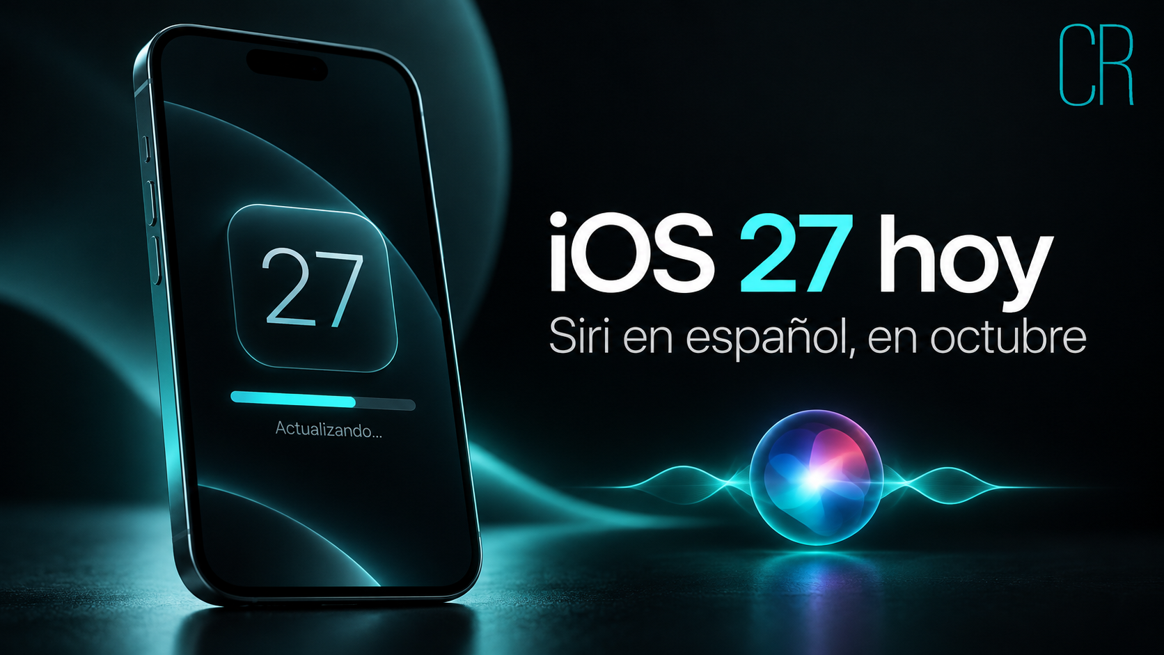 Portada minimalista de iOS 27 con iPhone y referencia a Siri en español.
