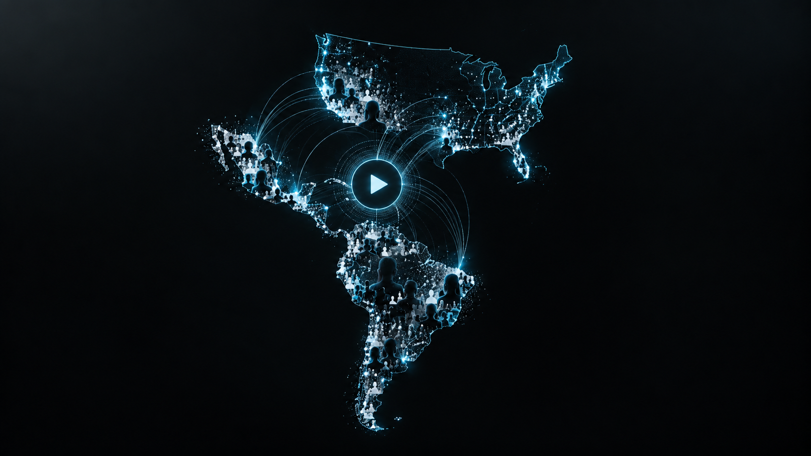 Mapa de América con conexiones de audiencia hacia Estados Unidos, ilustración sobre audiencia hispana en YouTube