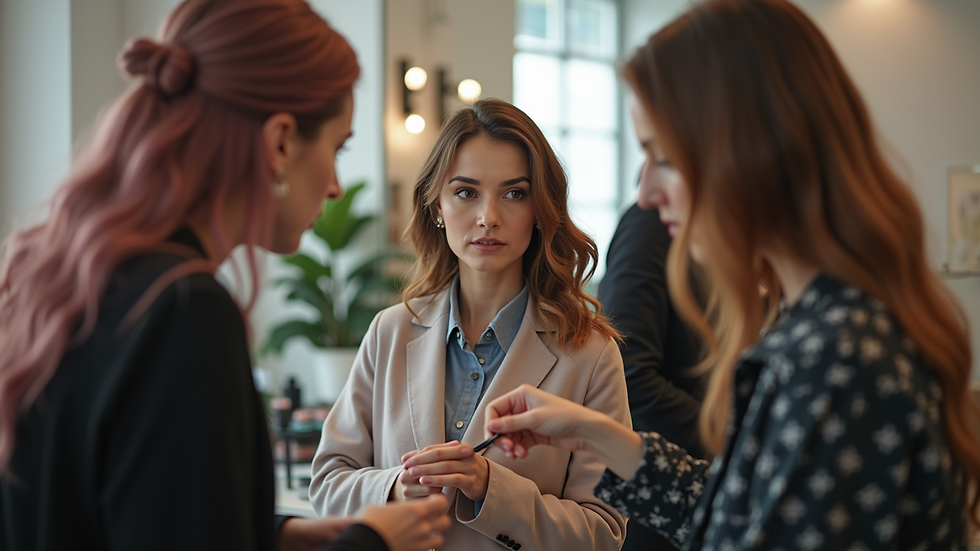 Eye-level view of a beauty salon consultation with a stylist and client discussing hair color options