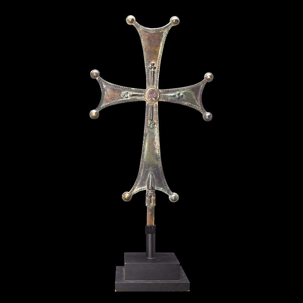 Byzantine bronze cross with embellishments and central roundel