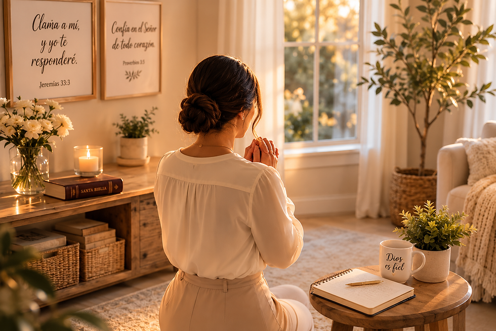 Mujer orando de espaldas en su habitación, en un ambiente cálido y tranquilo, representando la conexión con Dios y la importancia de la oración diaria en la vida cristiana.
