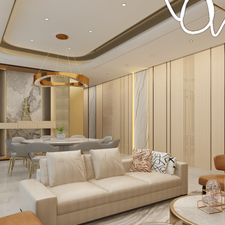 Living and dining room with gold lighting, marble wall, and modern beige panel accents.