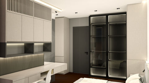 Built-in desk with overhead storage and warm lighting in a neutral-toned bedroom.