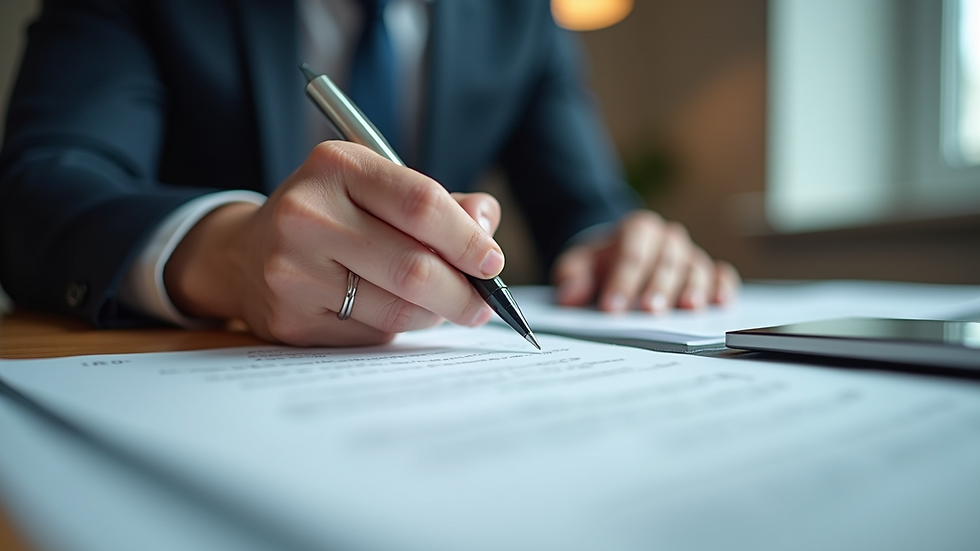 Eye-level view of a professional reviewing documents on a desk