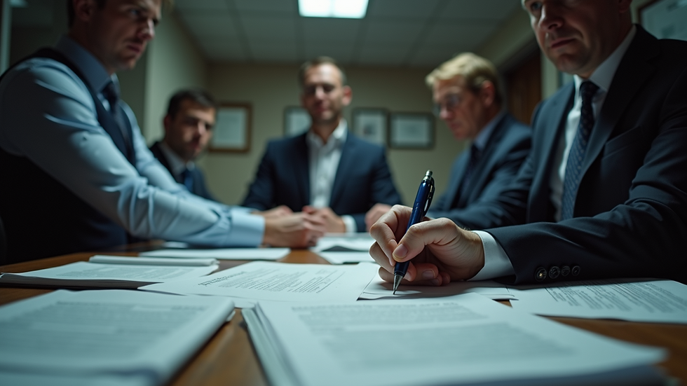 Eye-level view of a private investigator reviewing case files in an office