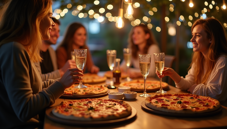 High angle view of a group of friends enjoying pizza and prosecco at a decorated table
