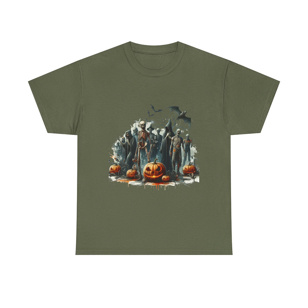 Thumbnail: Olive green t-shirt featuring horror movie characters, pumpkins, and bats.