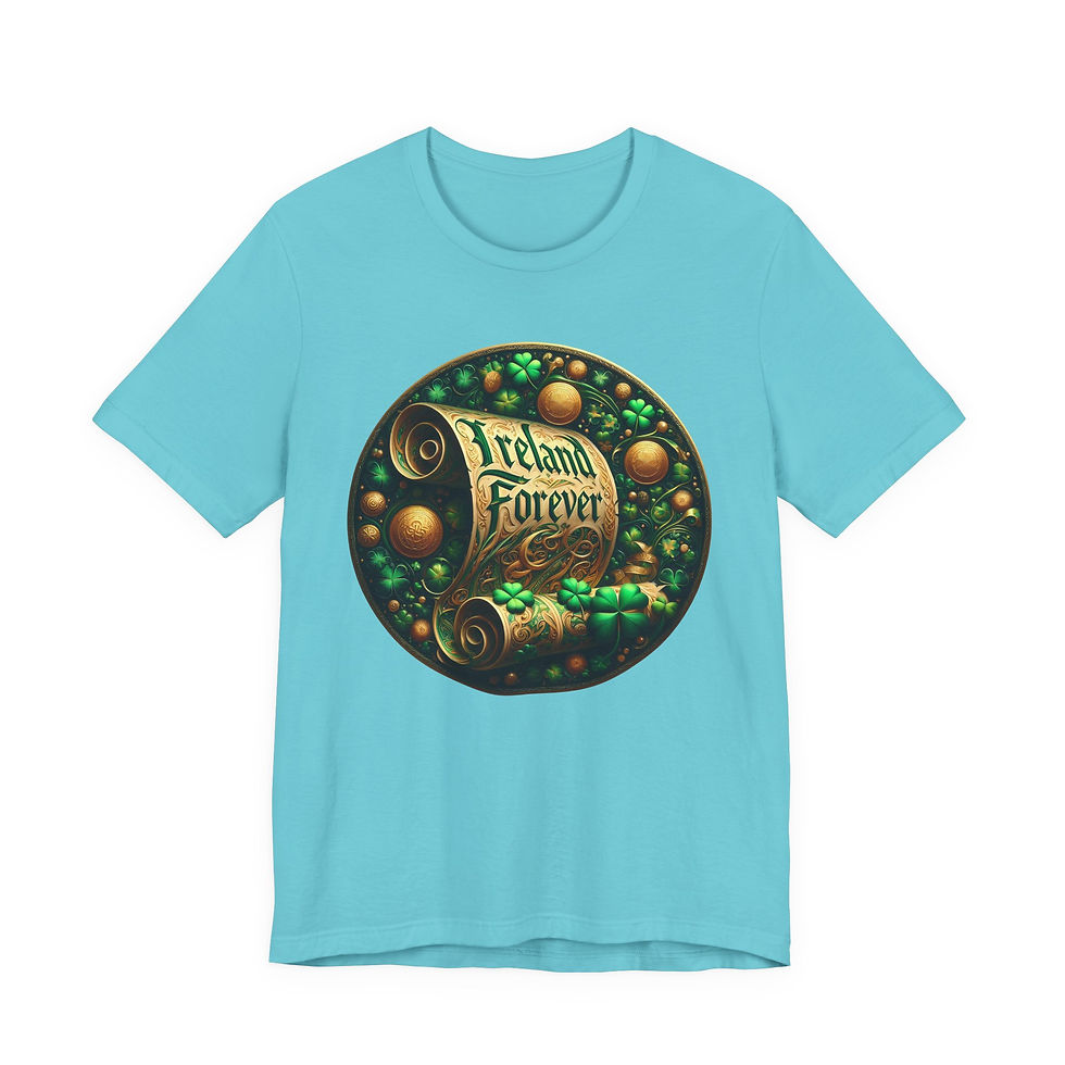 Thumbnail: Light blue t-shirt, "Irish Forever St Patrick's Day" scroll, gold coins, shamrocks.