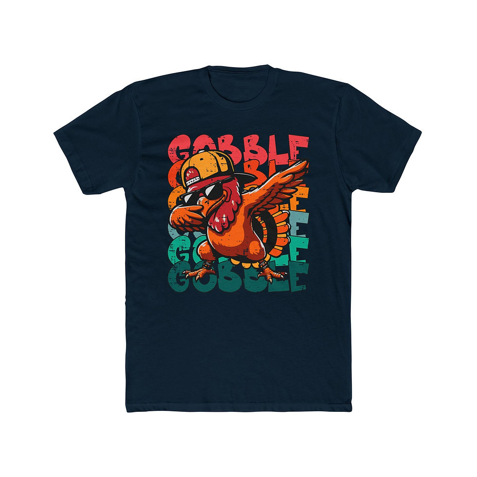 Thumbnail: Dark blue t-shirt, GOBBLE GOBBLE, dabbing turkey wearing cap, sunglasses.