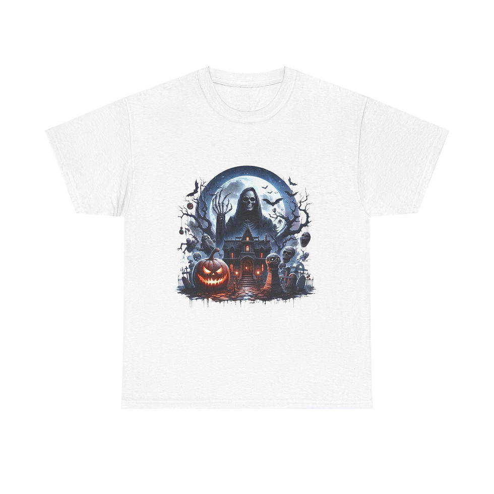 Thumbnail: White t-shirt with spooky grim reaper, pumpkin, bats, and full moon.