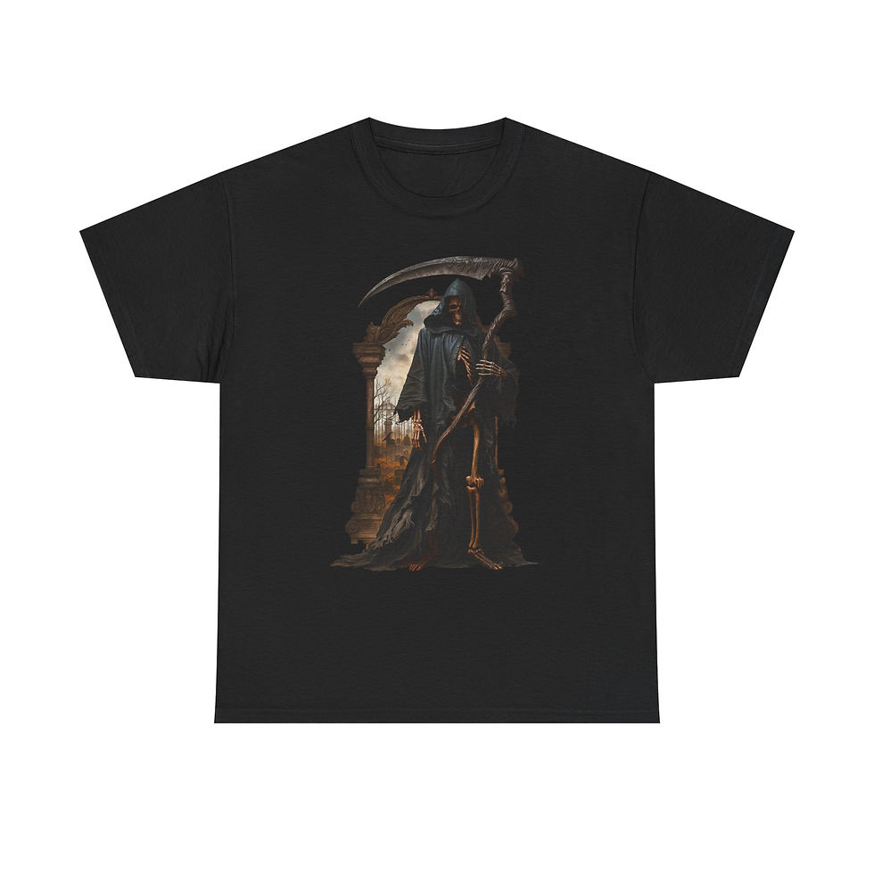 Thumbnail: Black t-shirt featuring a dark graphic of the Grim Reaper with scythe.