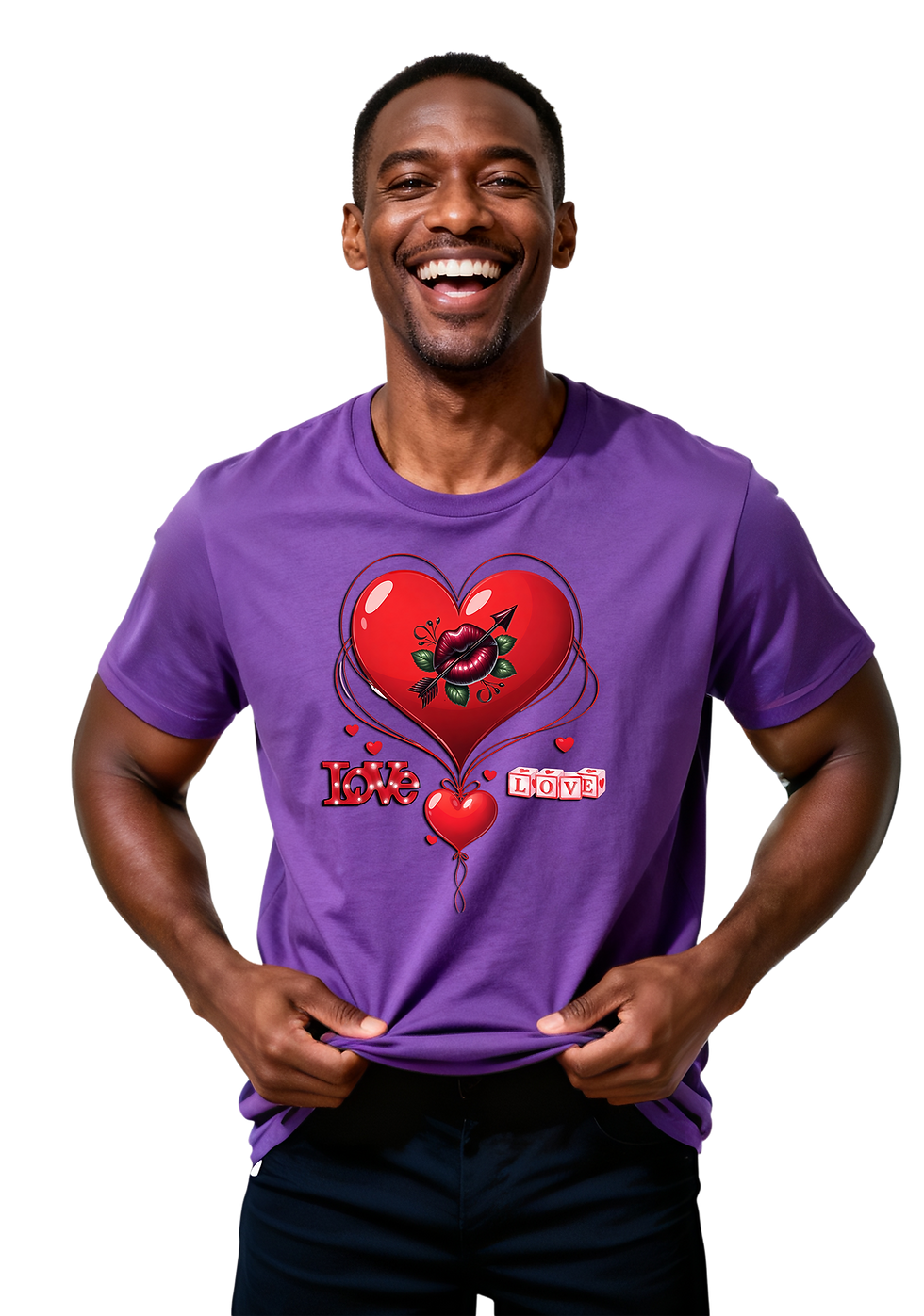 Smiling man wearing purple 'LOVE FOREVER' heart design t-shirt