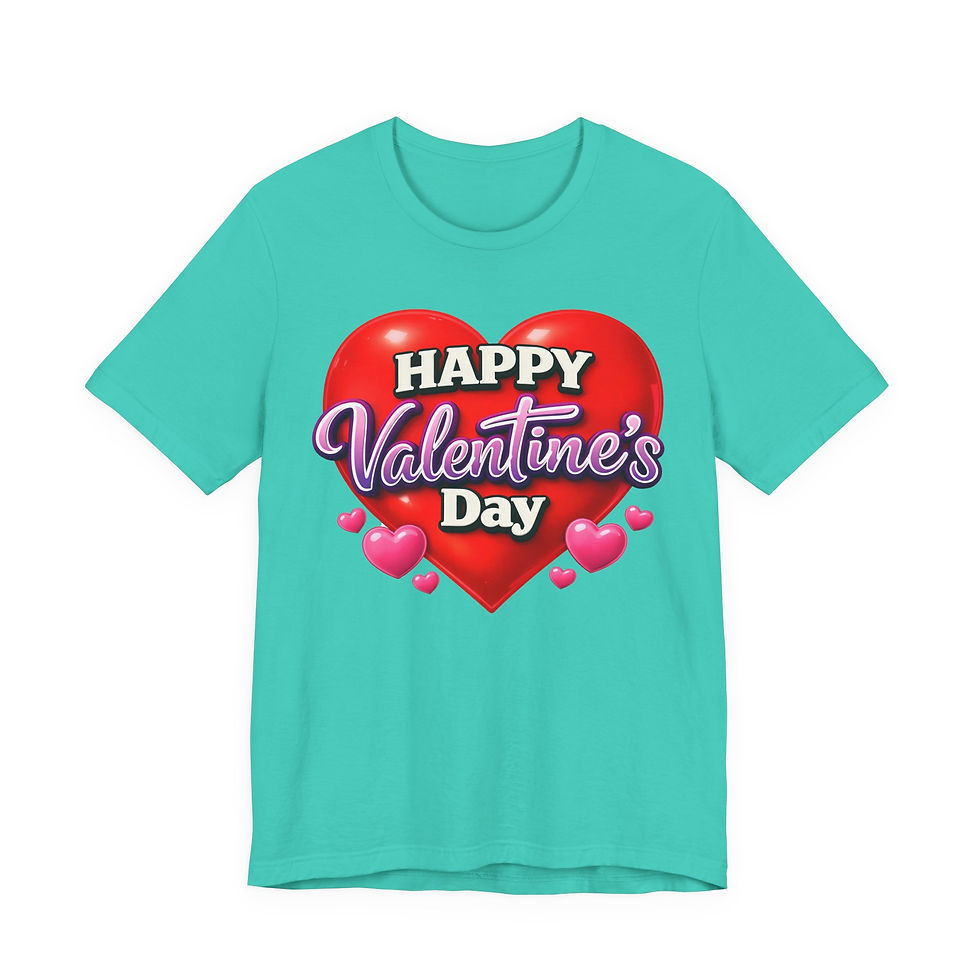 Thumbnail: Teal t-shirt featuring "HAPPY Valentine's Day" text on a red heart.