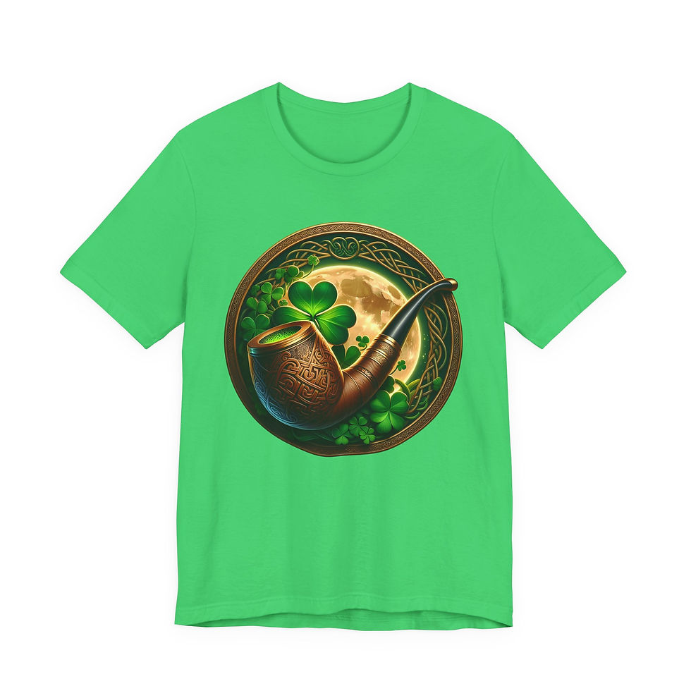 Thumbnail: Green t-shirt featuring a brown pipe, green shamrocks, and full moon.