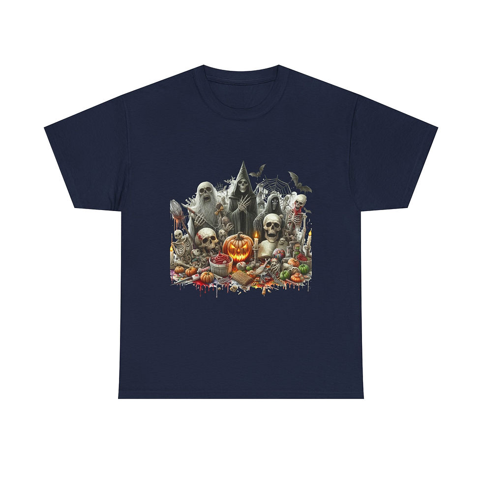 Thumbnail: Spooky Halloween-themed navy t-shirt with skeletons, ghosts, pumpkins, and bats graphic.