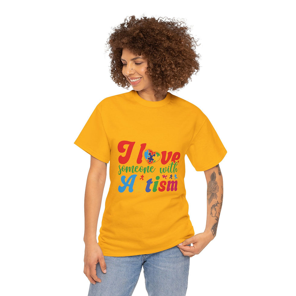 Thumbnail: Smiling woman models yellow 'I love someone with Autism' t-shirt.