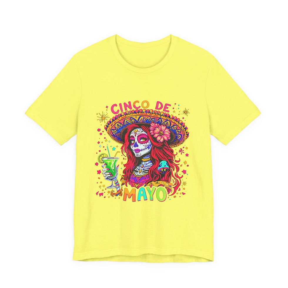 Thumbnail: Yellow t-shirt, "CINCO DE MAYO" text, sugar skull woman, sombrero, margarita.