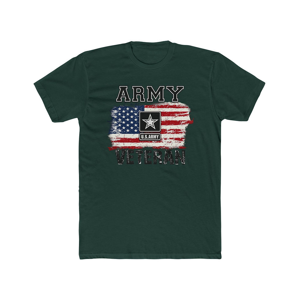 Thumbnail: Dark green t-shirt with "ARMY VETERAN" text on distressed American flag.