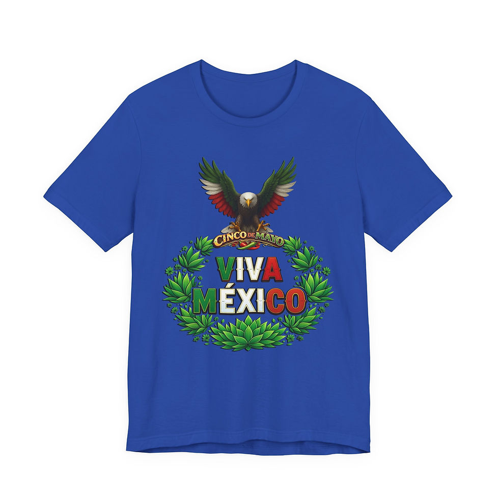 Thumbnail: Blue t-shirt, VIVA MÉXICO text, Mexican eagle, green wreath design.