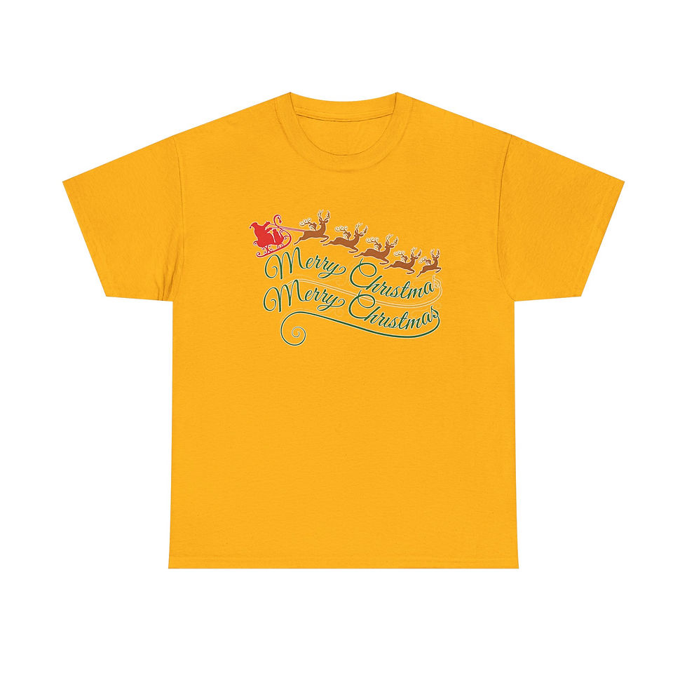 Thumbnail: Yellow t-shirt with Merry Christmas text, Santa, reindeer sleigh design.