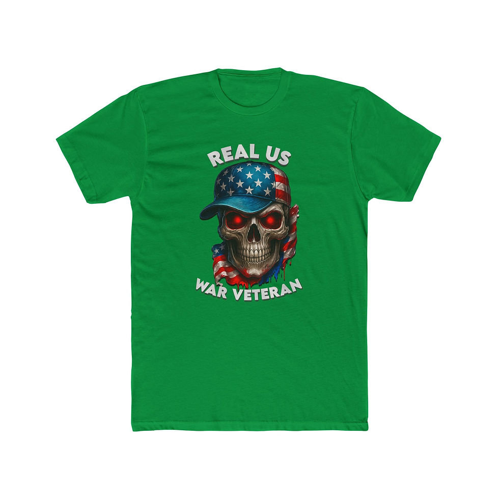 Thumbnail: Green t-shirt, skull in American flag cap, 'REAL US WAR VETERAN'.