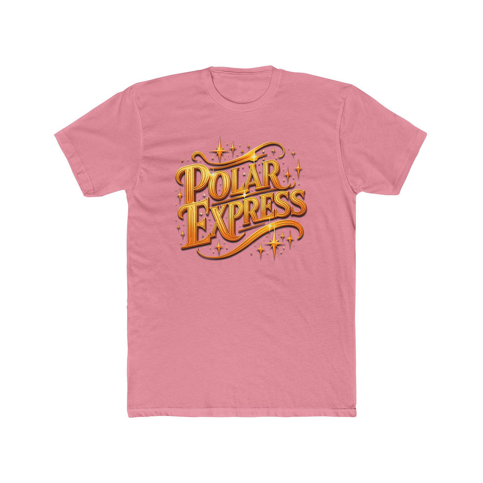 Thumbnail: Pink t-shirt featuring "Polar Express" in golden, stylized script.