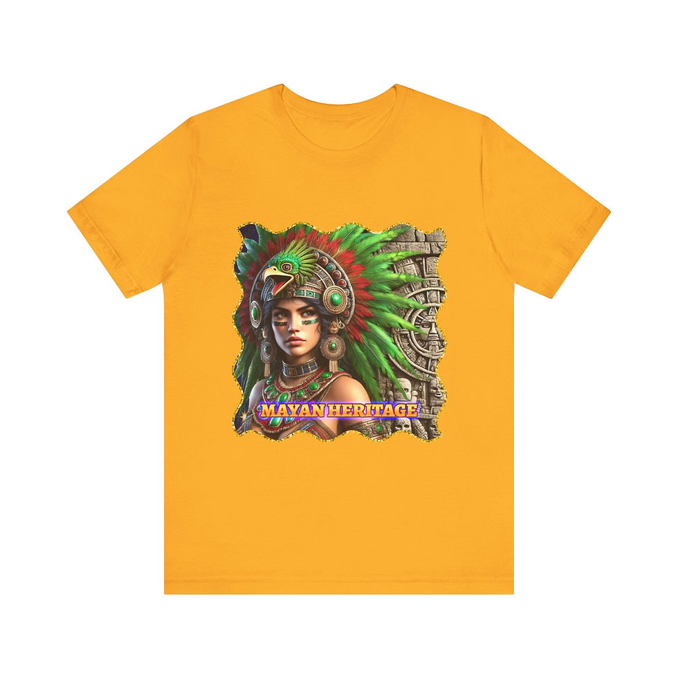 Thumbnail: Yellow t-shirt, woman in vibrant feathered headdress, "JAGUAR WARRIOR" text.