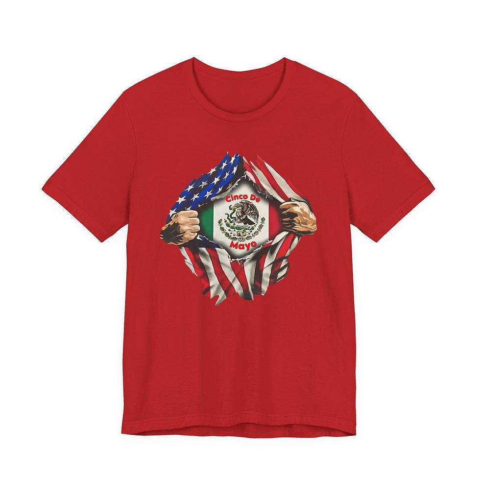 Thumbnail: Red t-shirt with torn design showing American flag and Mexican emblem.