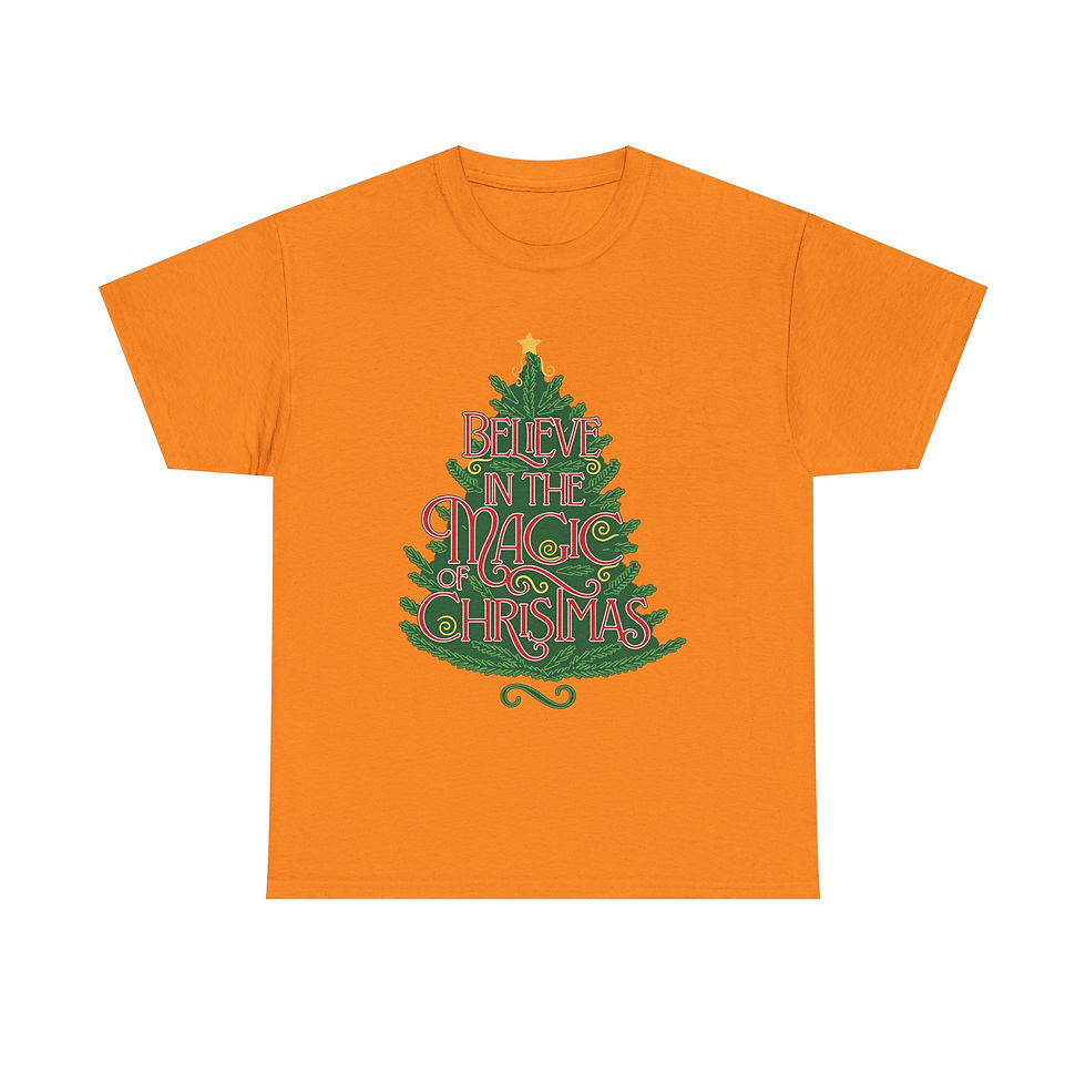 Thumbnail: Orange t-shirt, green Christmas tree design, 'HAPPY HOLLY JOLLY CHRISTMAS'.