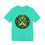 Thumbnail: Turquoise t-shirt with ornate glowing green shamrock emblem design.