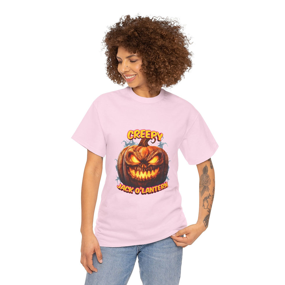 Thumbnail: Woman in pink shirt, "HAPPY HALLOWEEN SPOOKY SEASON" jack-o'-lantern design.