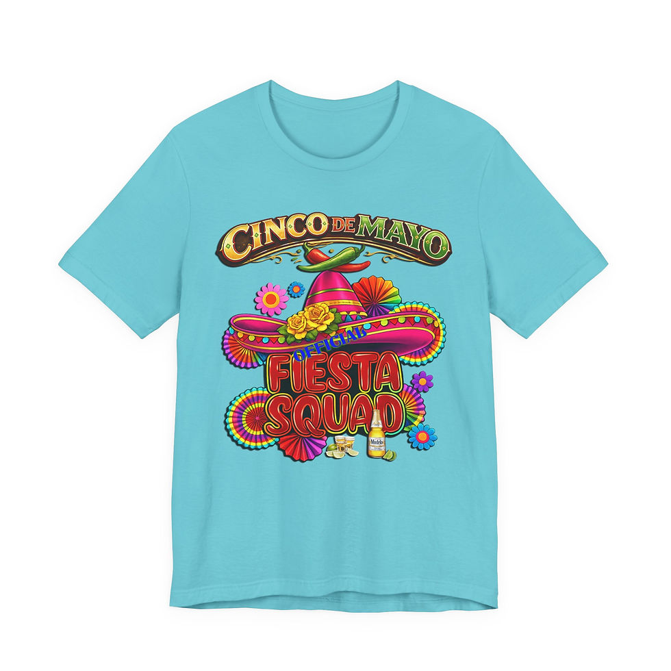 Thumbnail: Light blue t-shirt with "CINCO DE MAYO FIESTA CELEBRATION" and colorful sombrero.