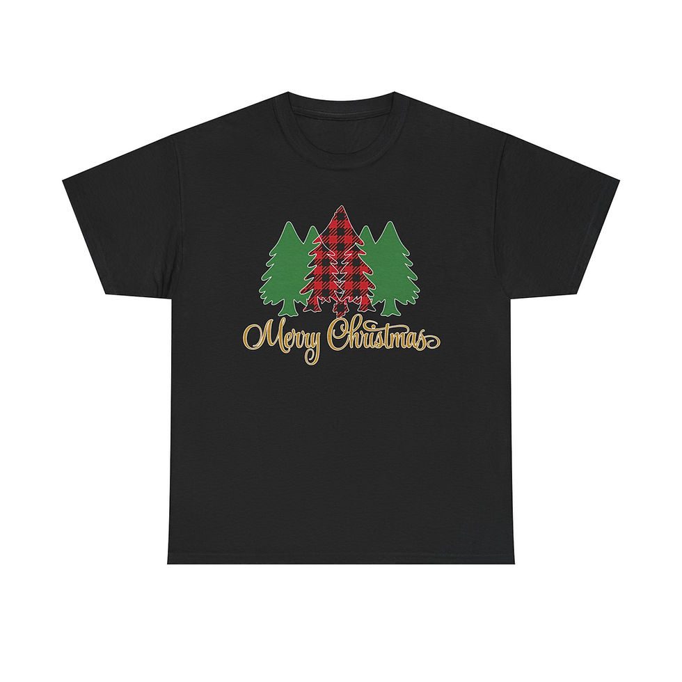 Thumbnail: Black t-shirt with buffalo plaid and green Christmas trees, Merry Christmas.