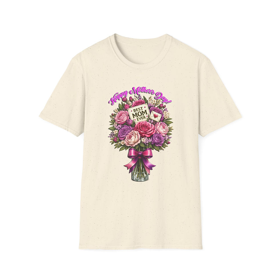 Thumbnail: Cream T-shirt with pink floral bouquet and 'Happy Mother's Day' banner.