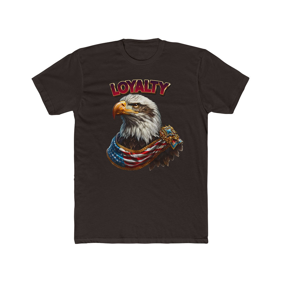 Thumbnail: Black t-shirt with "LOYALTY" and bald eagle, American flag patterned.
