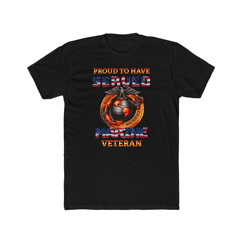 Thumbnail: Black t-shirt, 'PROUD TO HAVE SERVED AMERICA'S VETERAN' with Marine Corps emblem.