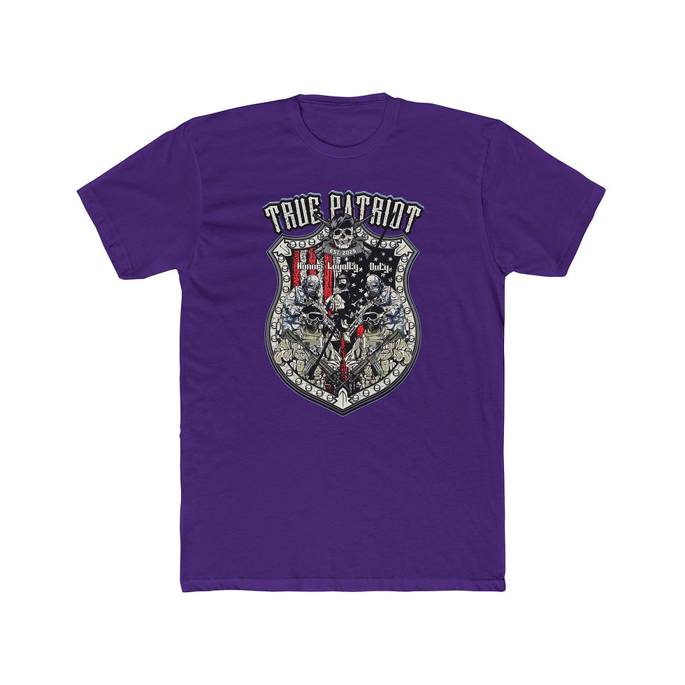 Thumbnail: Purple t-shirt featuring "THE PATRIOT" text on a detailed shield graphic.