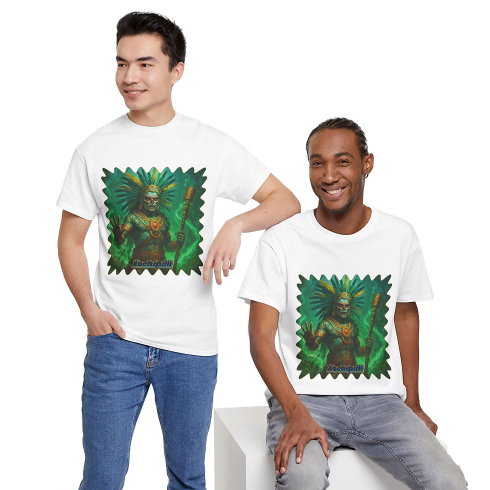 Two men modeling white t-shirts with green forest goblin design.