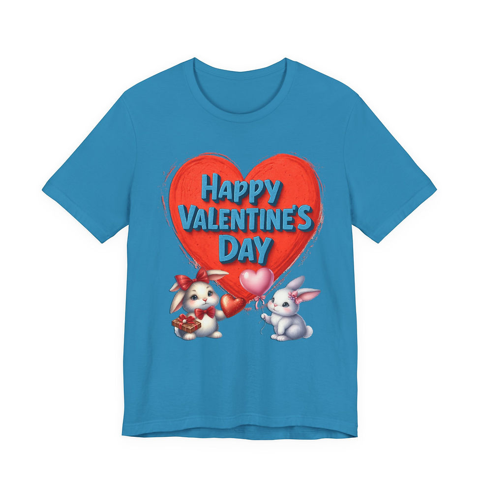 Thumbnail: Blue t-shirt with "HAPPY VALENTINE'S DAY" on red heart, two bunnies.