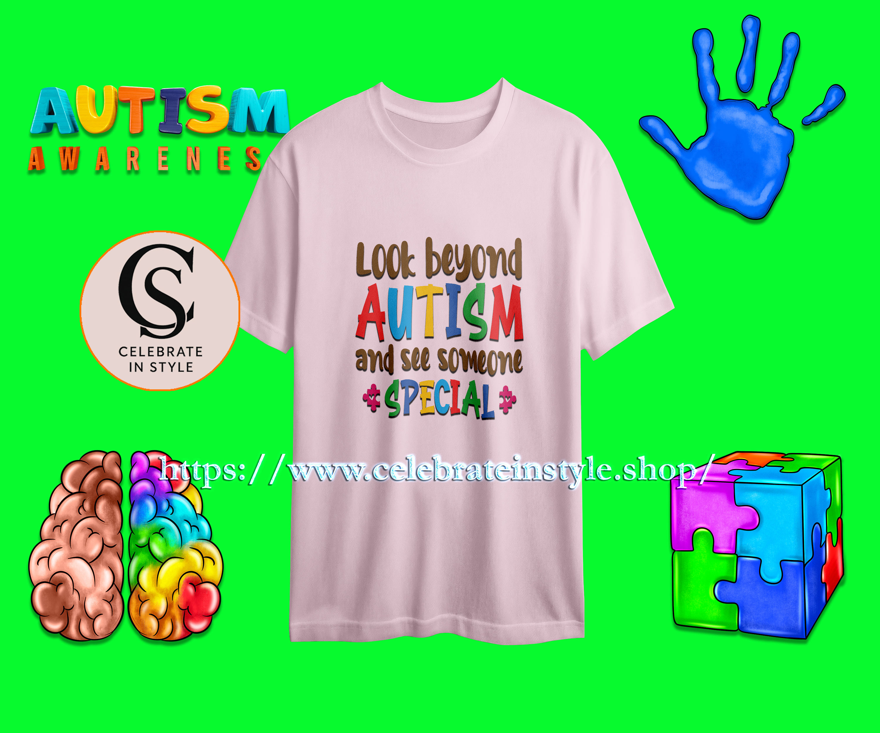 White t-shirt with "Look beyond AUTISM and see someone SPECIAL" text.